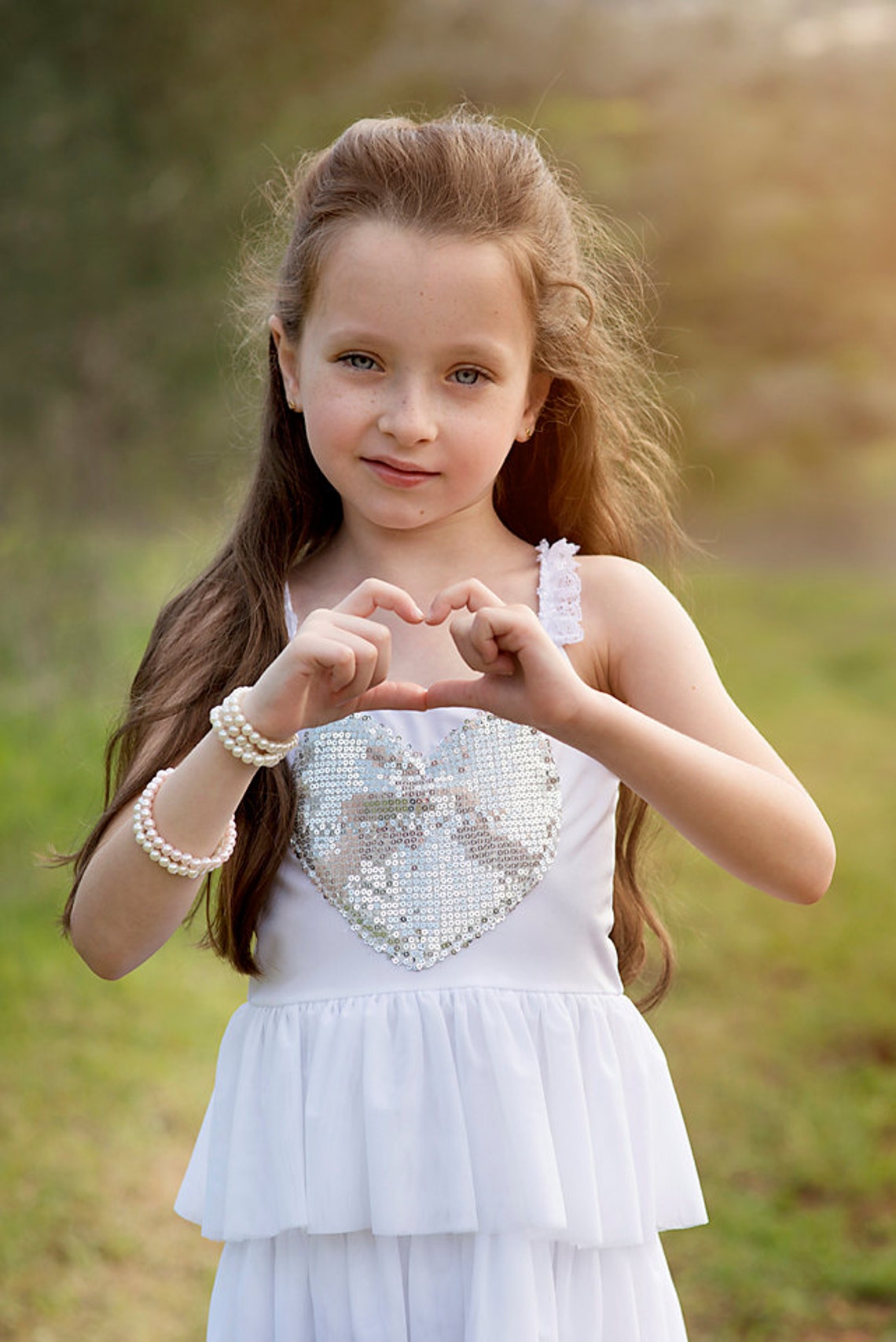 White Flower Girls Dress With Silver Sequin Heart Etsy