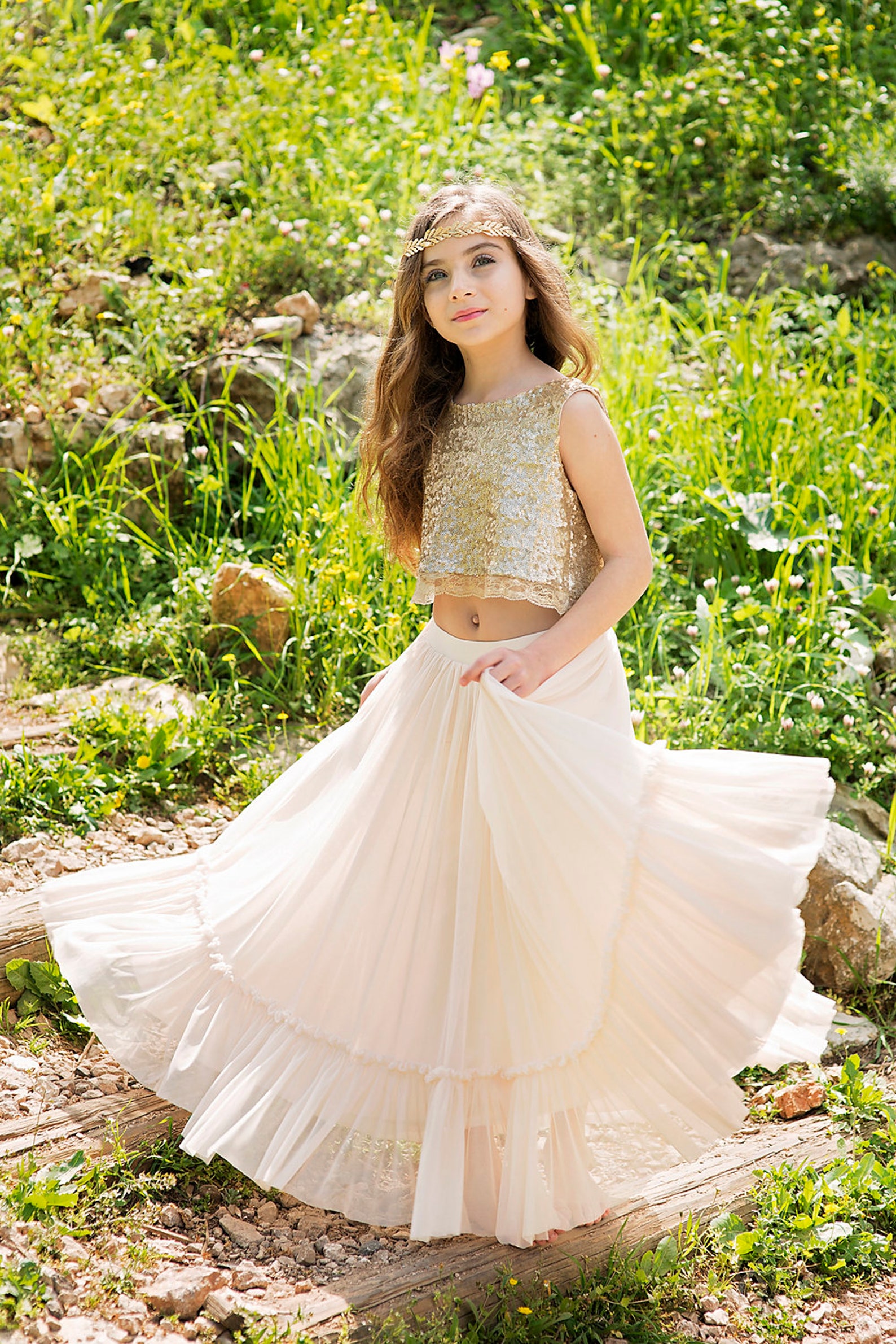 Gold Bohochic Flower Girl Dress Junior Bridesmaid Dress Etsy