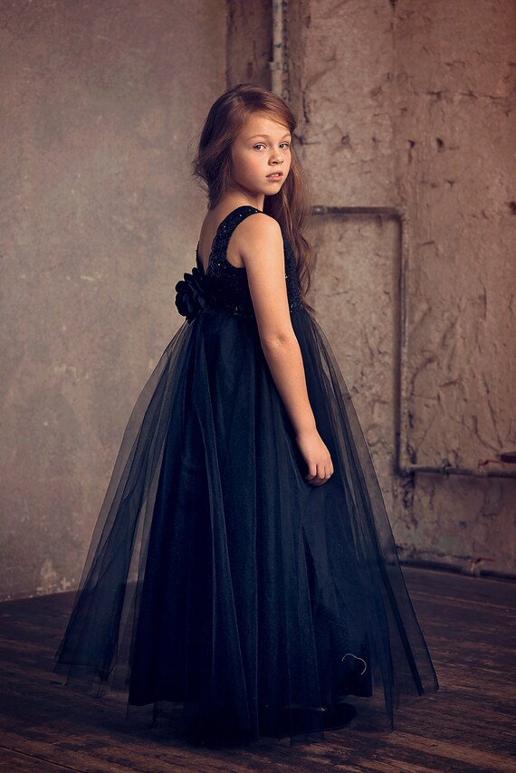 Black Sequin Flower Girl dress Tulle 