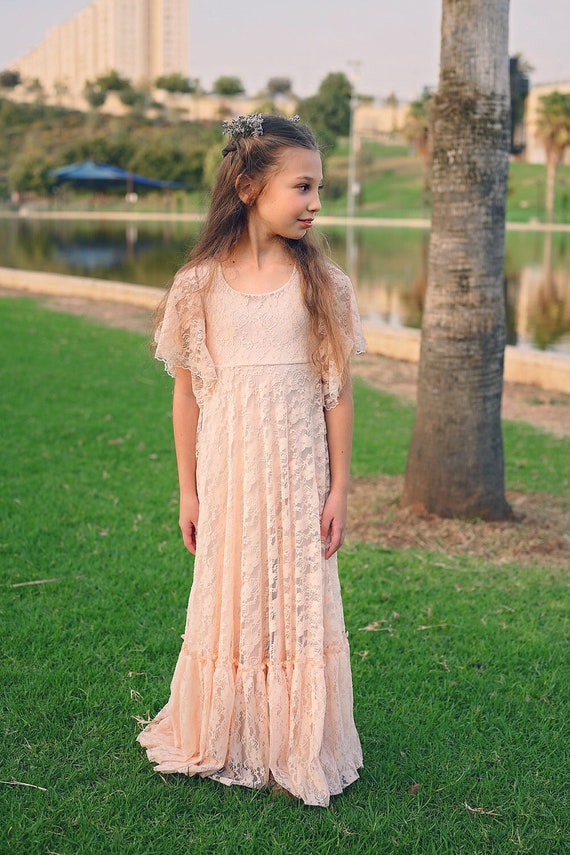 Peach Wedding Flower Girl Lace Dress 
