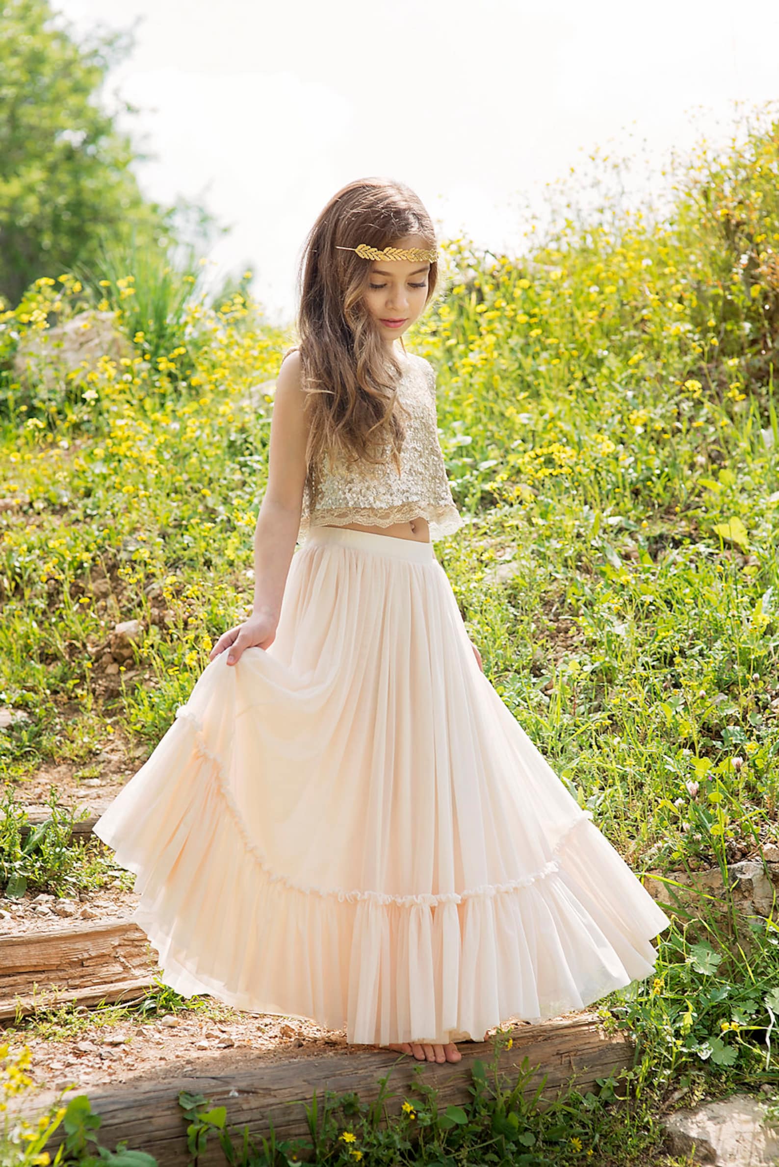 Gold Bohochic Flower Girl Dress Junior Bridesmaid Dress Etsy