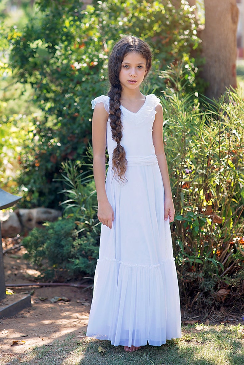 Boho Junior Bridesmaid Dress Girls White Lace Gown First Etsy