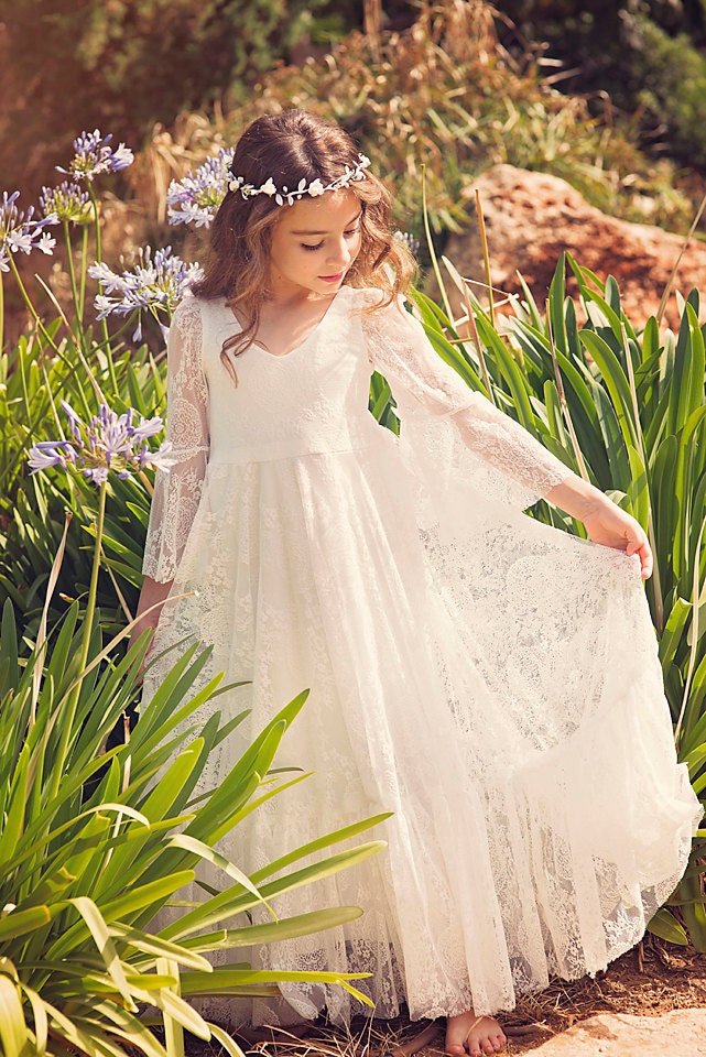 First Communion Dress Flower Girl White Lace Dress Boho-chic - Etsy
