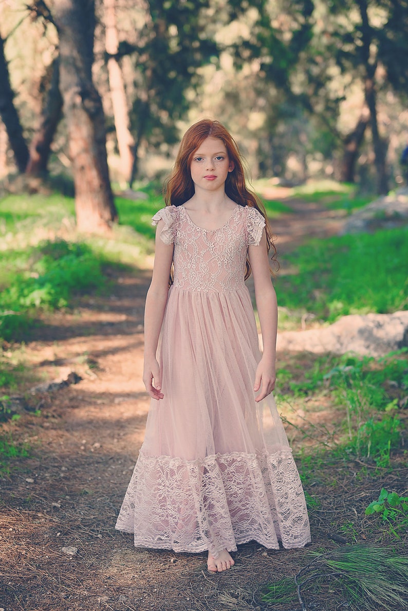 Blush Pink Boho Flower Girl Dress Junior Bridesmaid Lace Dress Etsy