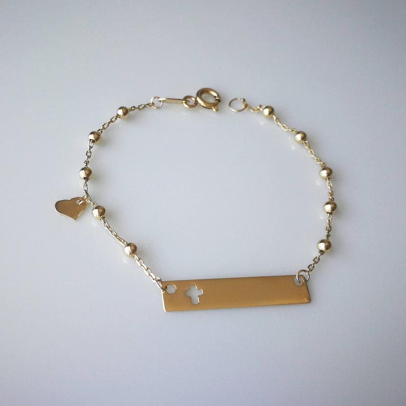 Baby Cross Charm Gold Baby Bracelet 14K Gold Personalized Baby ID Bracelet Cross and Heart Charm Baby Bracelet Baptism Gift