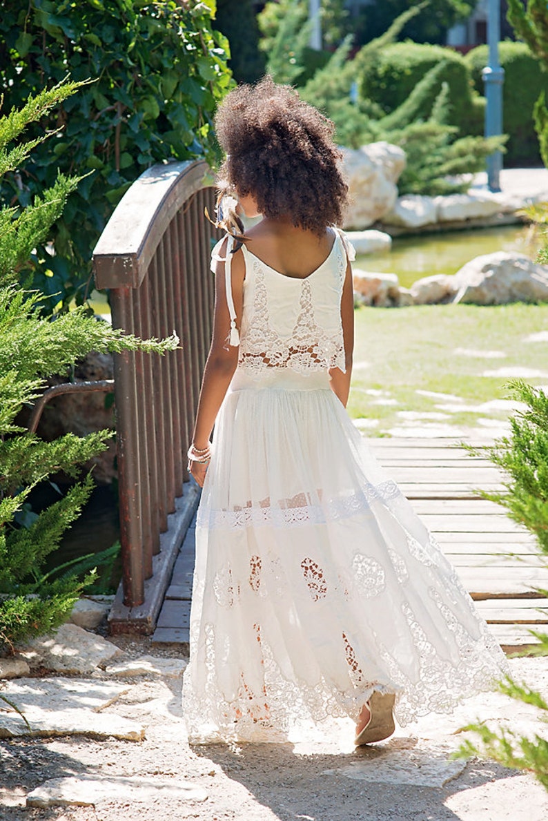 White Boho Flower Girl Dress Junior Bridesmaid Set Etsy