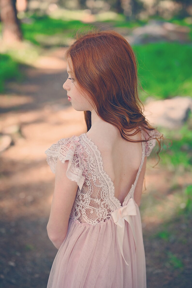 Blush Pink Boho Flower Girl Dress Junior Bridesmaid Lace Dress Etsy