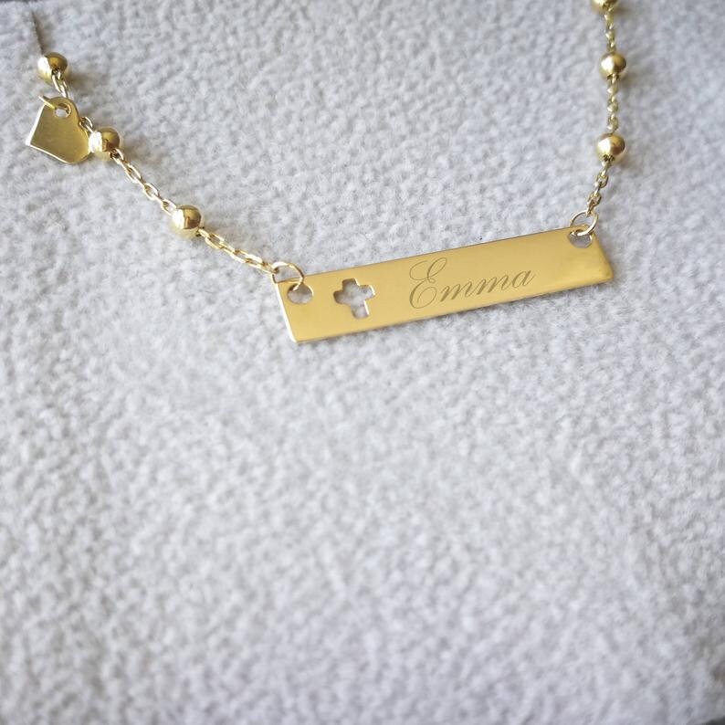 Baby Cross Charm Gold Baby Bracelet 14K Gold Personalized Baby ID Bracelet Cross and Heart Charm Baby Bracelet Baptism Gift
