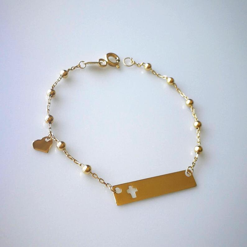 Baby Cross Charm Gold Baby Bracelet 14K Gold Personalized Baby ID Bracelet Cross and Heart Charm Baby Bracelet Baptism Gift