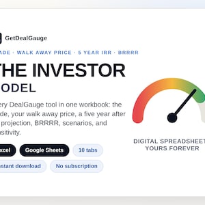 Pu&ograve; includere: Un foglio di calcolo digitale intitolato The Investor Model di GetDealGauge. Presenta un grafico a indicatore, testo che descrive strumenti come grade, walk away price, 5 year IRR, BRRRR, e pulsanti per Excel, Google Sheets, 10 tabs, instant download, no subscription.
