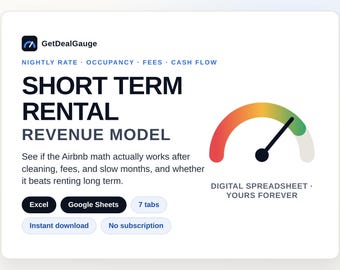 Short Term Rental Calculator Spreadsheet | STR Revenue Model Cash Flow Occupancy Break Even Deal Grade | Vacation Rental Excel Google Sheets
