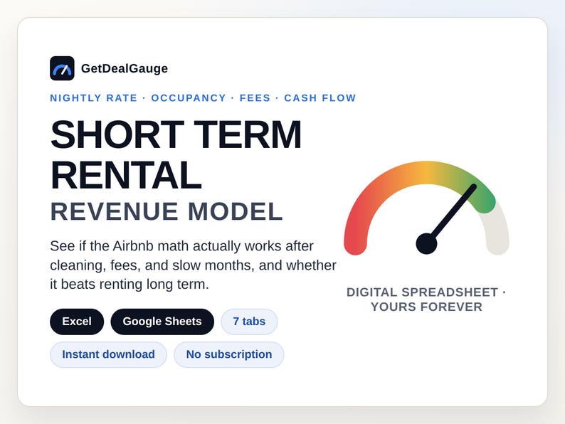 May include: A digital spreadsheet for a short term rental revenue model by GetDealGauge. The graphic features a gauge icon, text detailing nightly rate, occupancy, fees, and cash flow, with buttons for Excel and Google Sheets compatibility.