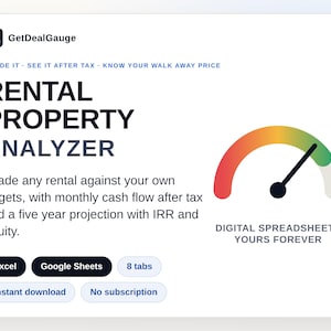 May include: A digital Rental Property Analyzer spreadsheet tool by GetDealGauge. The interface features a gauge graphic, text describing cash flow and IRR projections, and buttons for Excel and Google Sheets compatibility, instant download, and no subscription.