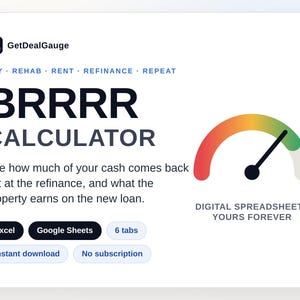 K&ouml;nnte beinhalten: Ein digitales BRRRR-Rechner-Tabellenkalkulationstool von GetDealGauge mit einer grafischen Anzeige in Rot, Gelb und Gr&uuml;n. Der Text enth&auml;lt BUY, REHAB, RENT, REFINANCE, REPEAT und weist auf die Kompatibilit&auml;t mit Excel und Google Sheets mit 6 Reitern hin.
