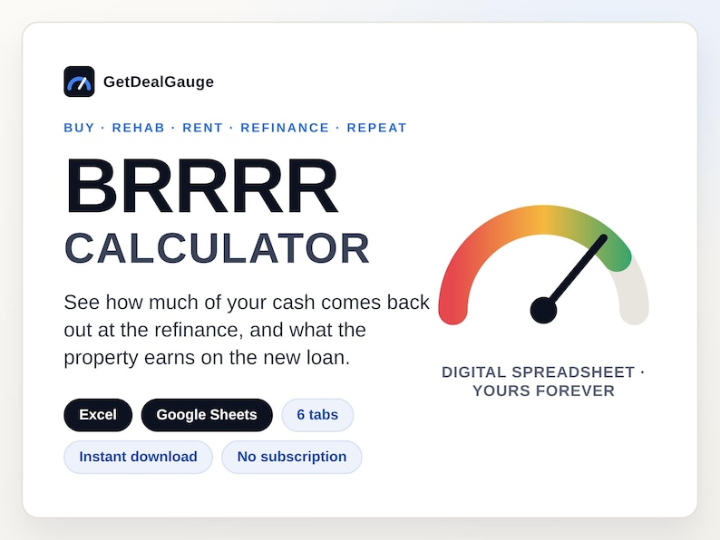 K&ouml;nnte beinhalten: Ein digitales BRRRR-Rechner-Tabellenkalkulationstool von GetDealGauge mit einer grafischen Anzeige in Rot, Gelb und Gr&uuml;n. Der Text enth&auml;lt BUY, REHAB, RENT, REFINANCE, REPEAT und weist auf die Kompatibilit&auml;t mit Excel und Google Sheets mit 6 Reitern hin.