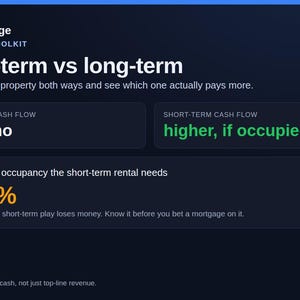 May include: A dark blue digital dashboard titled DealGauge featuring a comparison of short-term versus long-term cash flow. It displays a long-term cash flow of $235/mo, a short-term cash flow labeled higher, if occupied, and a break-even occupancy of 54.4%.