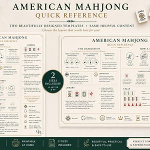 May include: Two American Mahjong quick reference guide templates in US Letter and A4 sizes. The off-white sheets feature black text, instructional diagrams, and icons explaining the Charleston, turn mechanics, Joker rules, and calling discards.