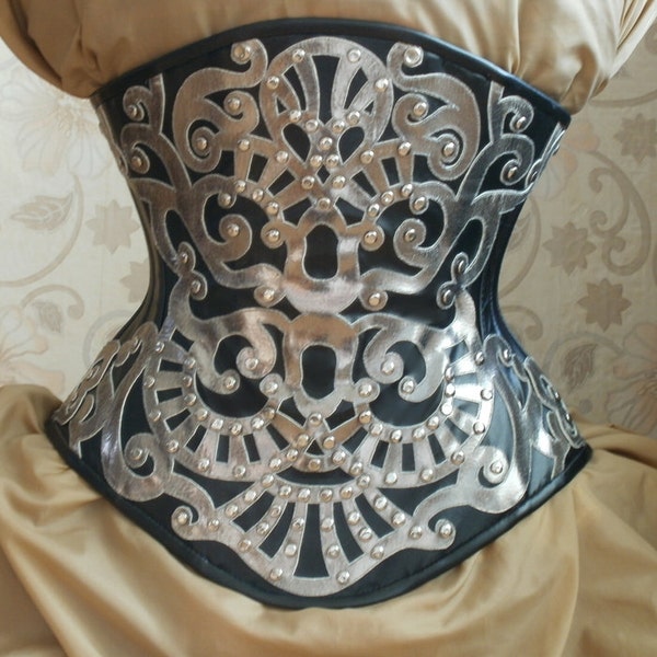 Black and Silver Faux Leather Under-Bust Corset