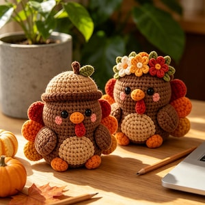 Handmade Crochet Thanksgiving Turkey Plush Set, Fall Tabletop Decor, Harvest Keepsake Gift for Friends, Coworkers & Family