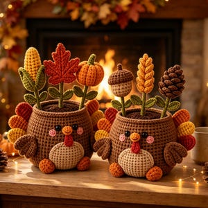 May include: Two brown crocheted turkey-shaped pots featuring colorful autumn-themed toppers including a corn cob, maple leaf, pumpkin, acorn, wheat stalk, and pinecone. Each turkey has a light tan belly, red wattle, and orange feet.