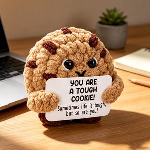 May include: A round, tan, crocheted cookie plush with dark brown chocolate chip accents, large black safety eyes, and small arms holding a white rectangular sign. The sign reads: YOU ARE A TOUGH COOKIE! Sometimes life is tough, but so are you!