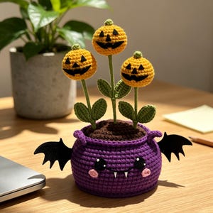 Handmade Crochet Halloween Pumpkin Flower Pot, Cute Bat Cauldron Plush, Spooky Desk Decor, Fall Gift for Halloween Lovers