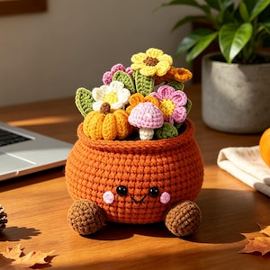 Handmade Crochet Pumpkin Flower Pot Plush, Fall Tabletop Decor, Cute Harvest Gift for Friends, Coworkers & Family