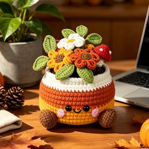 Crochet Candy Corn Flower Pot, Fall Sunflower Daisy Mushroom Arrangement, Autumn Table Decor, Thanksgiving Home Gift