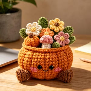 Handmade Crochet Pumpkin Flower Pot Plush, Fall Tabletop Decor, Cute Harvest Gift for Friends, Coworkers & Family