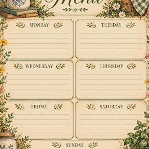 May include: A weekly menu planner sheet featuring the text THIS WEEK'S Menu, with lined sections for Monday through Sunday. The design is decorated with illustrations of daisies, lemons in a basket, a loaf of bread, and green checkered fabric.