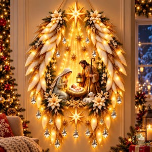 Puede incluir: Un adorno de pared decorativo que muestra una escena de natividad con figuras de María, José y el niño Jesús, rodeado por una corona de plumas blancas, trigo dorado, flores de pascua y adornos de cristal colgantes con luces LED cálidas.