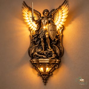 May include: A bronze-toned wall-mounted light fixture featuring a sculpted figure of an armored angel with large, illuminated wings holding a sword and shield, standing over a demonic figure, with ornate decorative scrollwork and warm lighting.