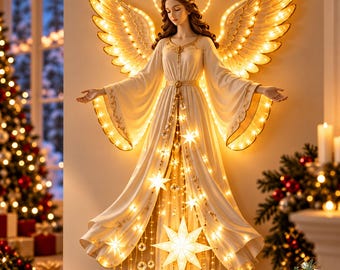 光る天使のクリスマスデコレーション：温かみのある星形のライト、光輪の羽（壁掛け）