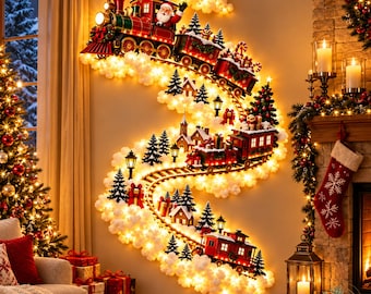 Può includere: Una decorazione da parete a forma di treno natalizio con una locomotiva rossa con Babbo Natale, vagoni e un binario sinuoso. L'esposizione è illuminata da luci LED bianco caldo ed è circondata da nuvole bianche e alberi di pino.