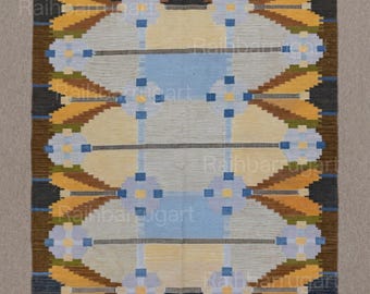 Blue & Brown Swedish Wool Rug | Handmade Scandinavian Flatweave  | Nordic Geometric Area | Vintage Swedish Carpet | Custom Size