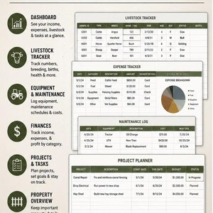 May include: A digital ranch management spreadsheet template featuring sections for livestock tracking, expense monitoring, maintenance logs, and project planning. The layout includes tables for data entry, a pie chart for expenses, and icons for dashboard, equipment, and finances.