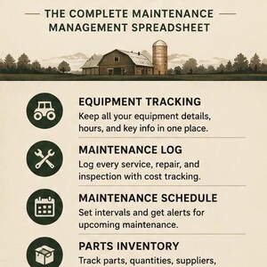 Puede incluir: Un documento digital titulado Lazy Rocking J Ranch Equipment Maintenance & Log, con una ilustración de granja y seis secciones: Equipment Tracking, Maintenance Log, Maintenance Schedule, Parts Inventory, Fuel Log y Dashboard Overview.