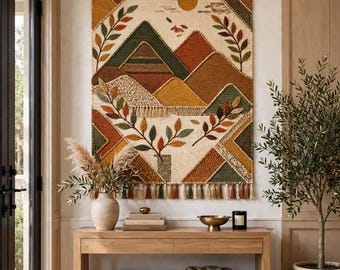 Tapis mural tissé à la main avec motif géométrique de paysage montagneux et franges décoratives