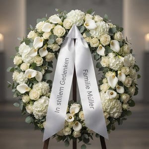 Könnte beinhalten: Ein kreisförmiger Trauerkranz aus weißen Rosen, Calla-Lilien und Hortensien, akzentuiert mit grünen Eukalyptusblättern. Ein weißes Satinband hängt von oben herab und trägt den schwarzen Aufdruck In stillem Gedenken und Familie Müller.