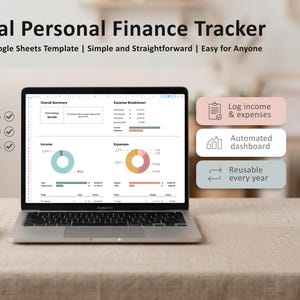 May include: A laptop displaying an Annual Personal Finance Tracker Google Sheets template with charts, income goals, budget expenses, and monthly breakdown text. Features include log income and expenses, automated dashboard, and reusable every year.