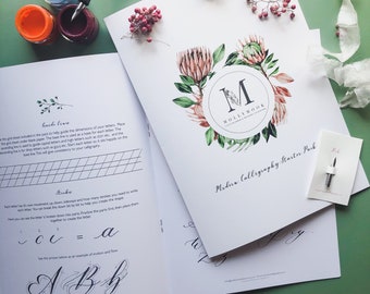 May include: A modern calligraphy starter pack with a guide to help you learn how to write letters. The guide includes a grid sheet, a pen, and a calligraphy nib. The guide features a floral design with a pink flower and green leaves. The text on the guide says "Modern Calligraphy Starter Pack".