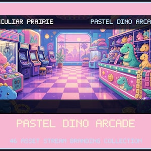 May include: A pixel art scene titled PECULIAR PRAIRIE PASTEL DINO ARCADE featuring a colorful arcade interior with claw machines, arcade cabinets, and shelves filled with dinosaur plush toys. The counter displays a green dinosaur and tickets.