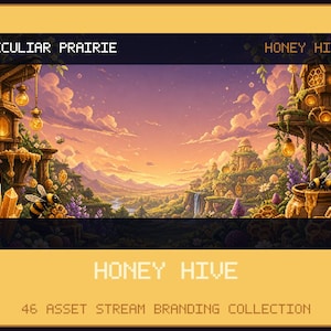 以下が含まれることがあります： PECULIAR PRAIRIE HONEY HIVEと題されたデジタルイラスト。夕焼け空の下、木造建築、光るランタン、蜂蜜の壺、ミツバチ、クリスタルが描かれた風景。HONEY HIVE 46 ASSET STREAM BRANDING COLLECTIONというテキストが表示されています。
