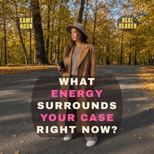 May include: A person wearing a tan wool coat, a grey sweater, wide-leg trousers, a grey fedora, and white sneakers, holding a black coffee cup. Text overlays read: SAME HOUR, REAL READER, WHAT ENERGY SURROUNDS YOUR CASE RIGHT NOW?