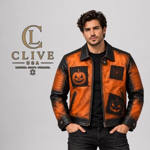 Leren Halloweenjas voor heren, vintage oranje bikerjas met pompoenmotieven.