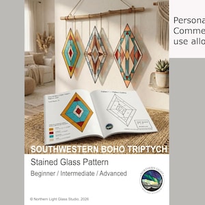 May include: A stained glass pattern book titled SOUTHWESTERN BOHO TRIPTYCH featuring three diamond-shaped stained glass hangings in teal, orange, and cream. The book displays color codes and outlines for beginner to advanced skill levels.
