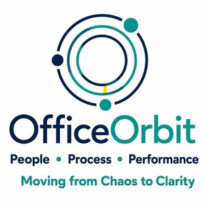 May include: A logo featuring a circular orbit graphic in dark blue and teal with three small dots. Below, the text reads OfficeOrbit in dark blue and teal, followed by People, Process, Performance and the tagline Moving from Chaos to Clarity.