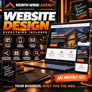 Puede incluir: Un gráfico promocional para los servicios de diseño web de North Wind Agency con un portátil y un smartphone, una taza negra con texto e iconos que detallan características como mobile friendly y SEO ready.