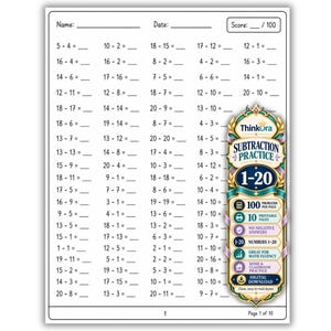 Pode incluir: Uma folha de exercícios de matemática branca com colunas de subtrações com números de 1 a 20, linhas em branco para respostas e campos para nome, data e pontuação. Um banner vertical decorativo à direita exibe o texto ThinkOra Subtraction Practice 1-20.
