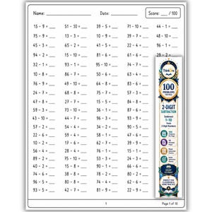 May include: A white worksheet featuring 100 two-digit subtraction problems with blank lines for answers, a name and date field, and a score box. A vertical blue and gold banner on the right displays the ThinkOra logo and text 100 Problems Per Page.